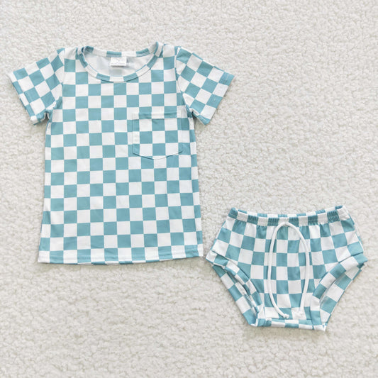 GBO0140 Green Plaid Short Sleeve Brief Set