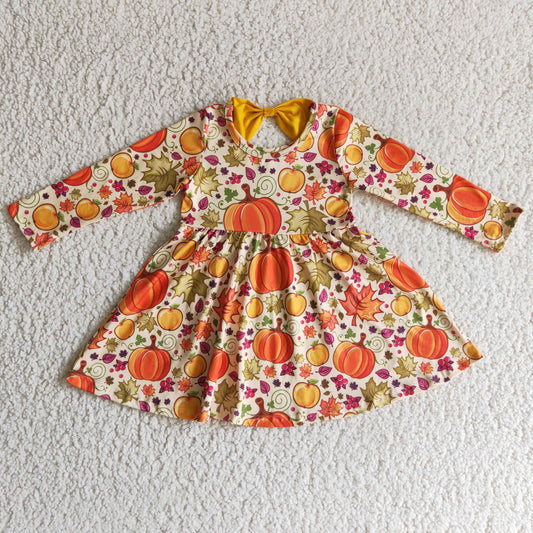 RTS NO MOQ（In Stock ) GLD0055  girls halloween dress pumpkin print long sleeve dress