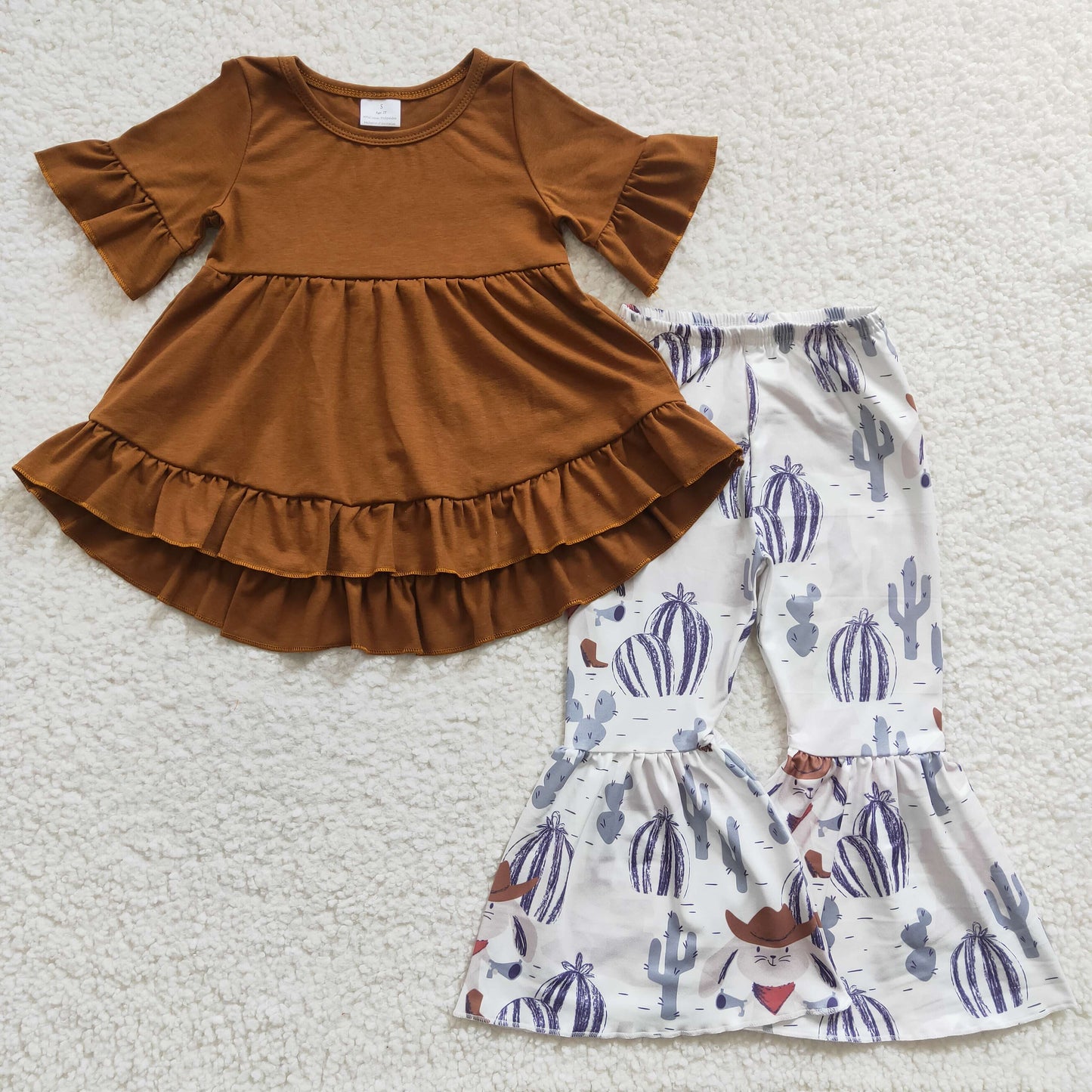 GSPO0242 Girls Cactus Brown Short Sleeve Trousers Set
