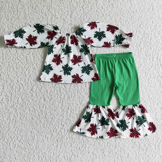 RTS NO MOQ ETA 5/7days Arrived GLP0160 girls christmas outfit long sleeve and long pants maple leaf print