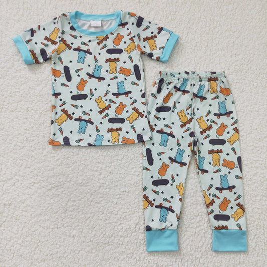 RTS NO MOQ（In Stock ) BSPO0077 Boys Rabbit Skateboard Blue Short Sleeve Trousers Suit