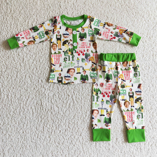 BLP0077 Kids Clothing Boys Green Long Sleeve Top And Long Pants Pajamas Set