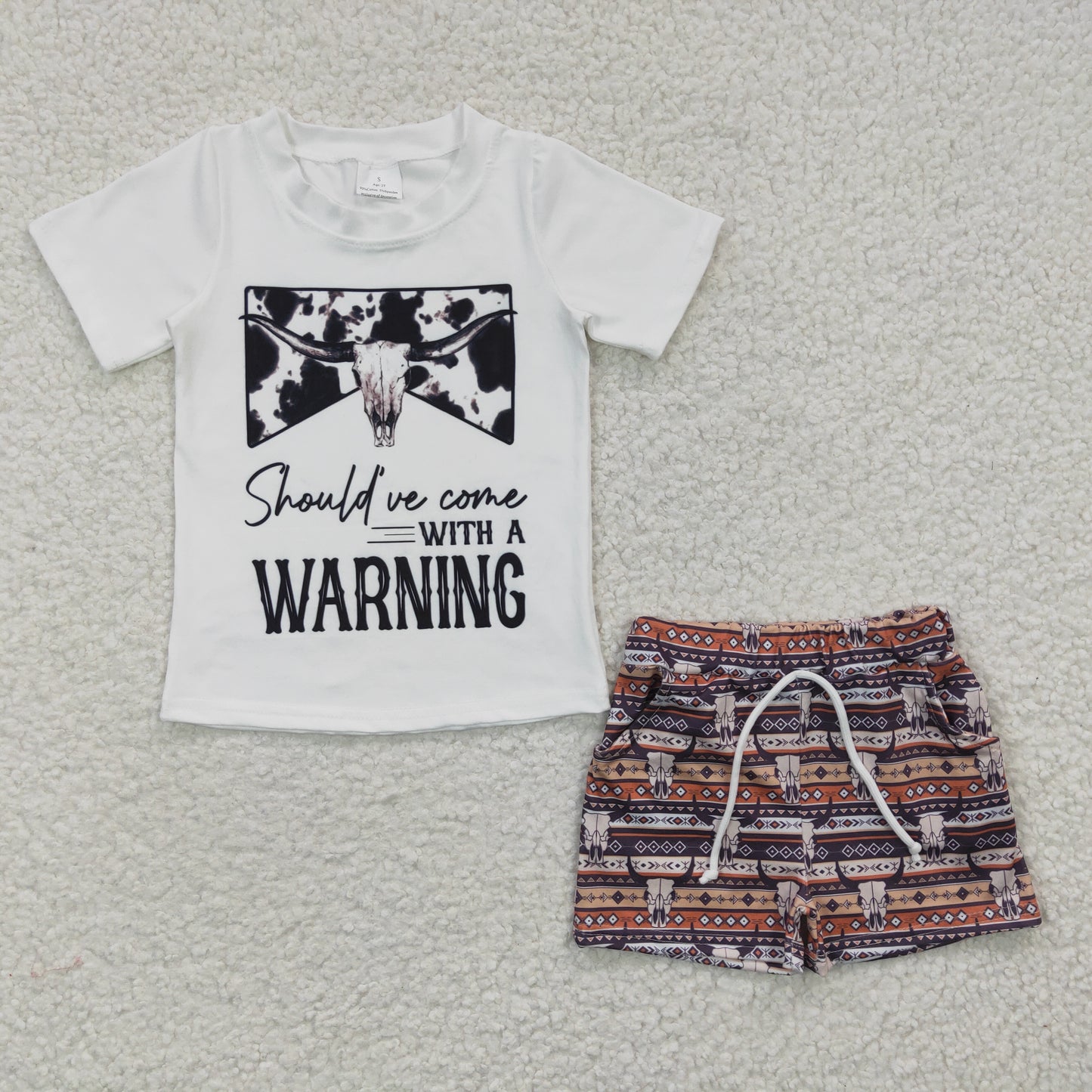 BSSO0210 Boys WARNING Bullhead White Short Sleeve Shorts Set