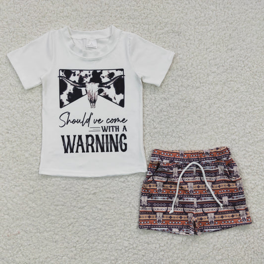 BSSO0210 Boys WARNING Bullhead White Short Sleeve Shorts Set