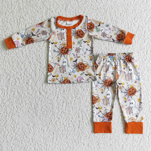 RTS NO MOQ ETA 5/7days BLP0048 2pcs halloween pumpkin print long sleeve match boy's pajamas outfits