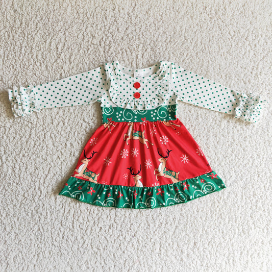 6A26-14 girls Christmas long sleeve dress deer print