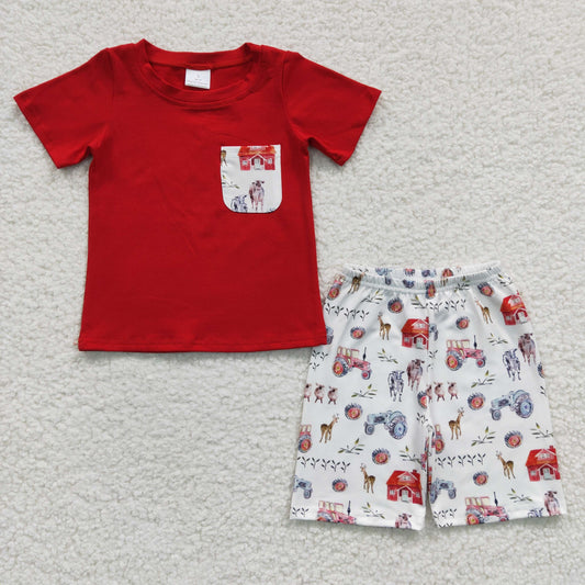 RTS NO MOQ BSSO0120 Boys Farm House Pocket Red Short Sleeve Shorts Set