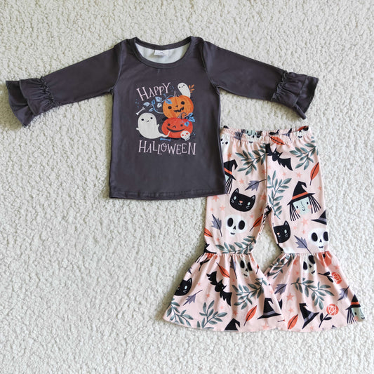 RTS NO MOQ（In Stock) GLP0239 girls Halloween outfit long sleeve and long pants pumpkin print