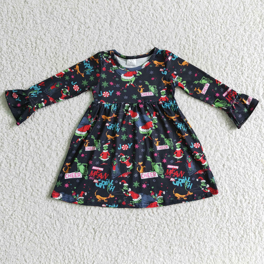 6 A29-13  girls christmas dress print long sleeve dress