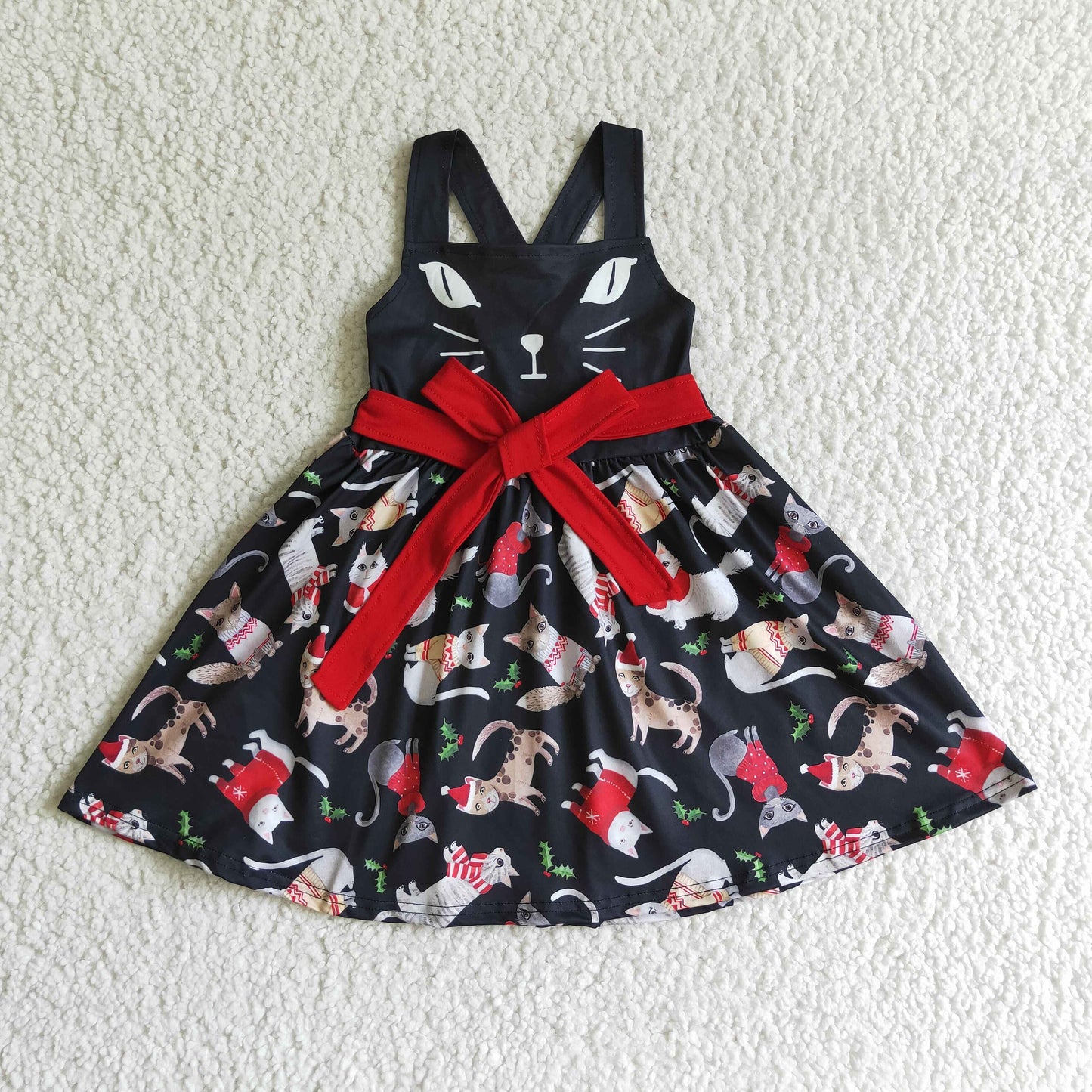 RTS NO MOQ GSD0140 children christmas clothing sleeveless cat dress milk silk