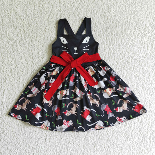 RTS NO MOQ GSD0140 children christmas clothing sleeveless cat dress milk silk