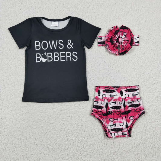 RTS NO MOQ GBO0072 BOWS Fishing Black Short Sleeve Rose Red Brief Set