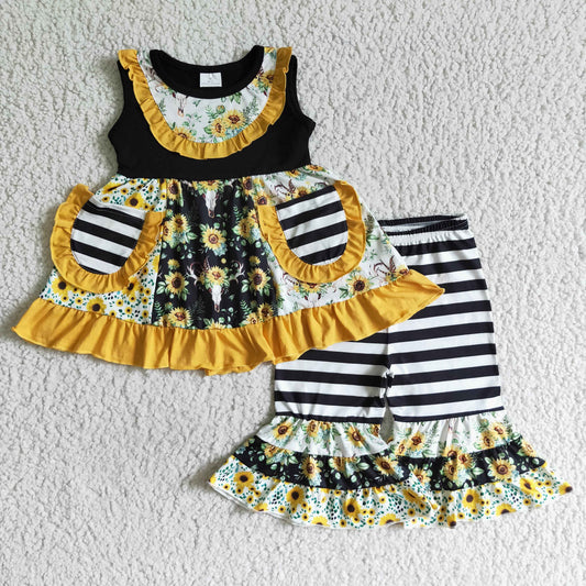 A6-15 Summer sleeveless green topclothing cropped flared  pants bee print milk silk