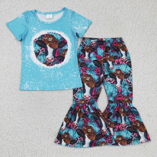RTS NO MOQ GSPO0304 Girls cow pattern hat blue short-sleeved trousers suit Milk Silk