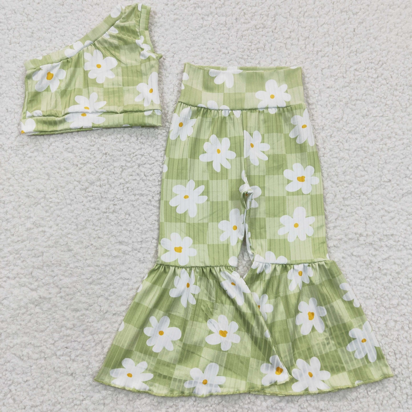 GSPO0524 Ribbed Girls sun flower Green Single Sleeve Trouser Suit