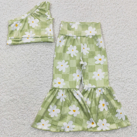GSPO0524 Ribbed Girls sun flower Green Single Sleeve Trouser Suit