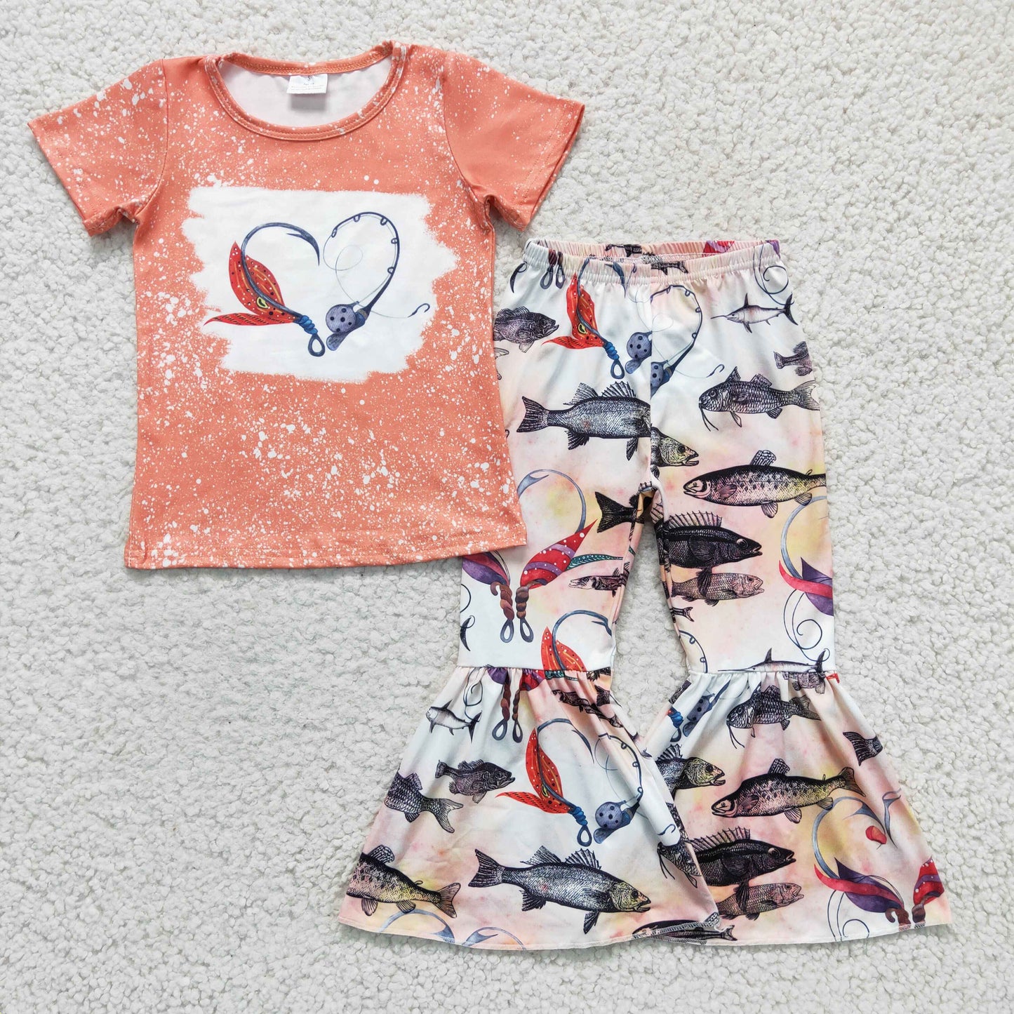 rts no moq GSPO0258  Valentine's Day Girls Clothing Short Sleeve Long Pants Fishing Print