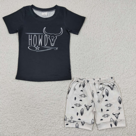 BSSO0213 Boys HOWDY Bull Head Black Short Sleeve Shorts Set