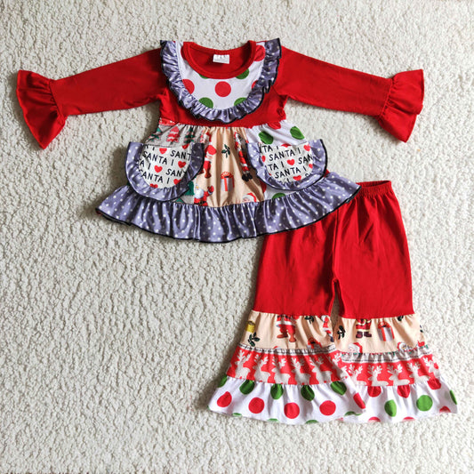 6A24-13 girls christmas outfit long sleeve and long pants Santa Claus print
