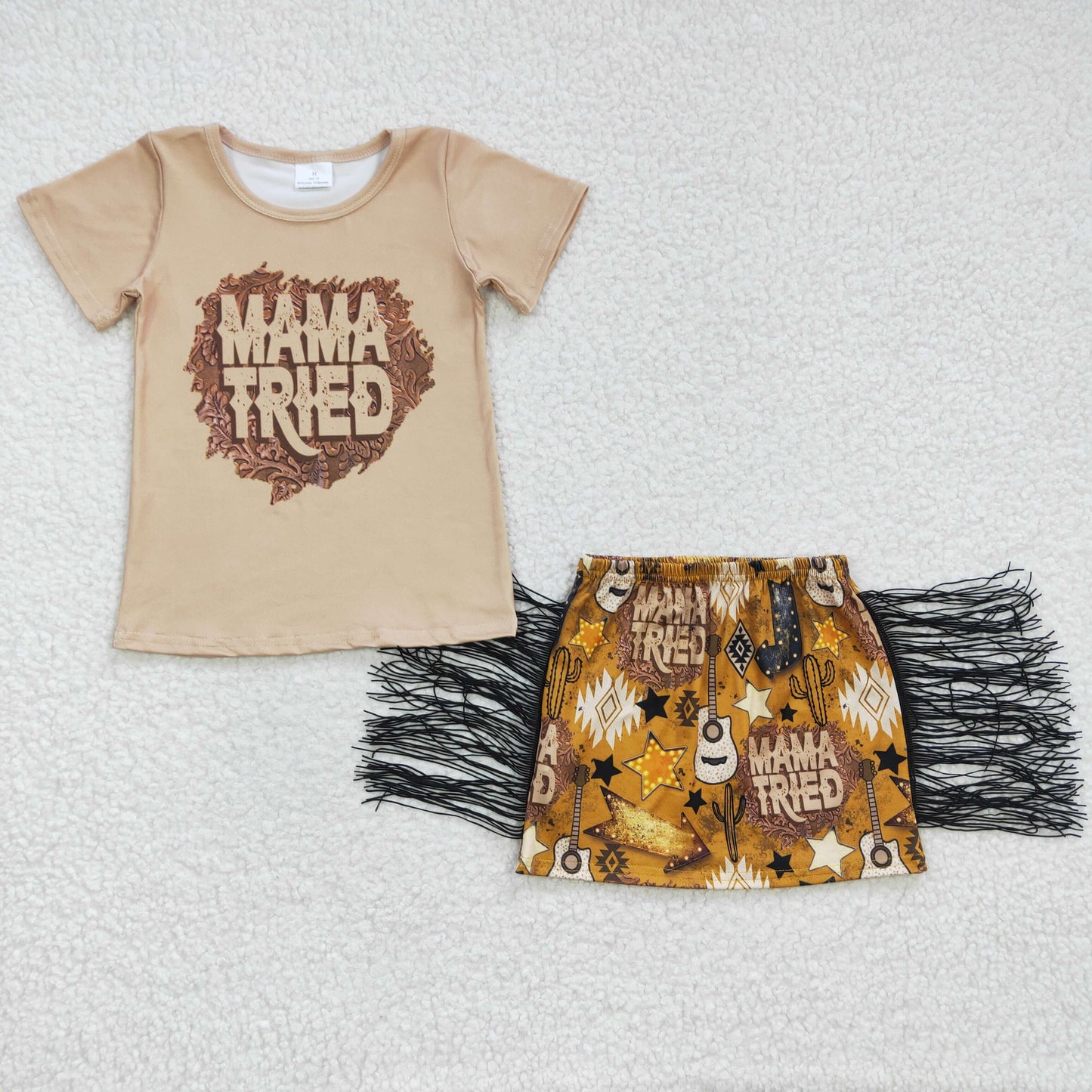 RTS NO MOQ GSD0286 Girls MAMA TRIED Short Sleeve Tassel Shorts Set