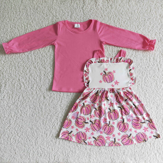 GLD0032 2pcs Halloween overalls sets match girl's outfits pink pumpkin print