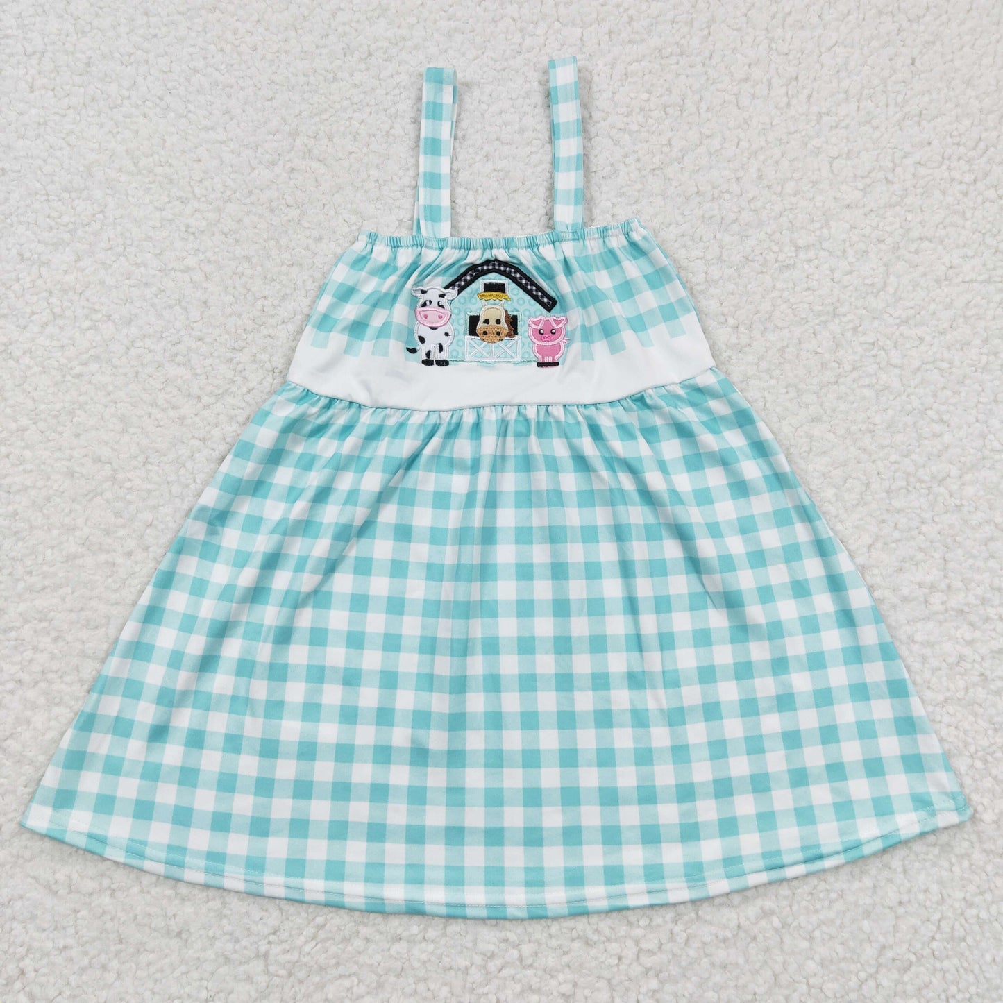 RTS NO MOQ ETA 5/7days Arrived GSD0269 Girls Embroidered Farm Cows Blue Vest Plaid Dress