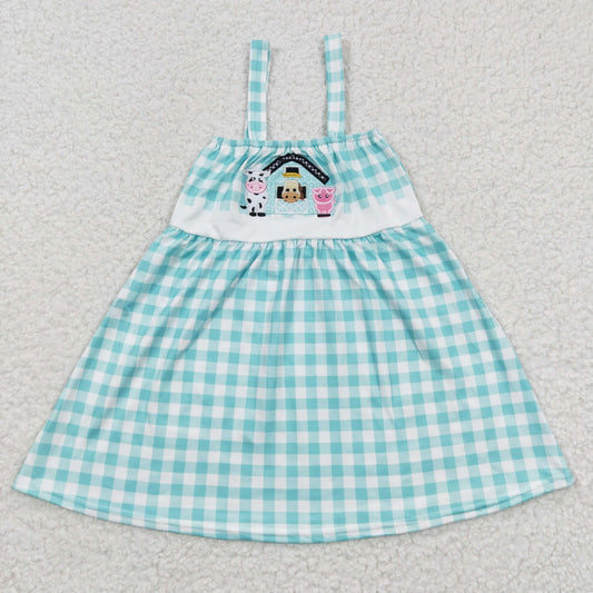 RTS NO MOQ ETA 5/7days Arrived GSD0269 Girls Embroidered Farm Cows Blue Vest Plaid Dress