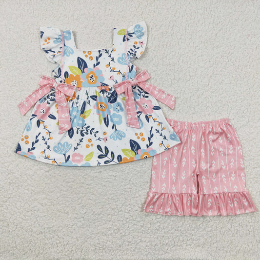 GSSO0241 Flower and leaf bow vest shorts set