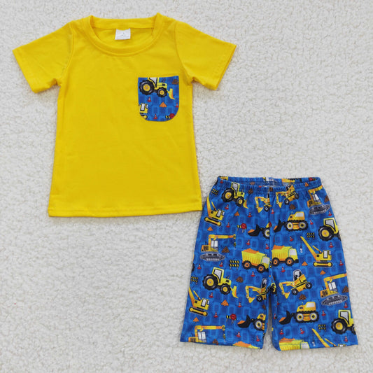 RTS NO MOQ（In Stock) BSSO0183 Boys Construction Vehicle Excavator Pocket Short Sleeve Shorts Set