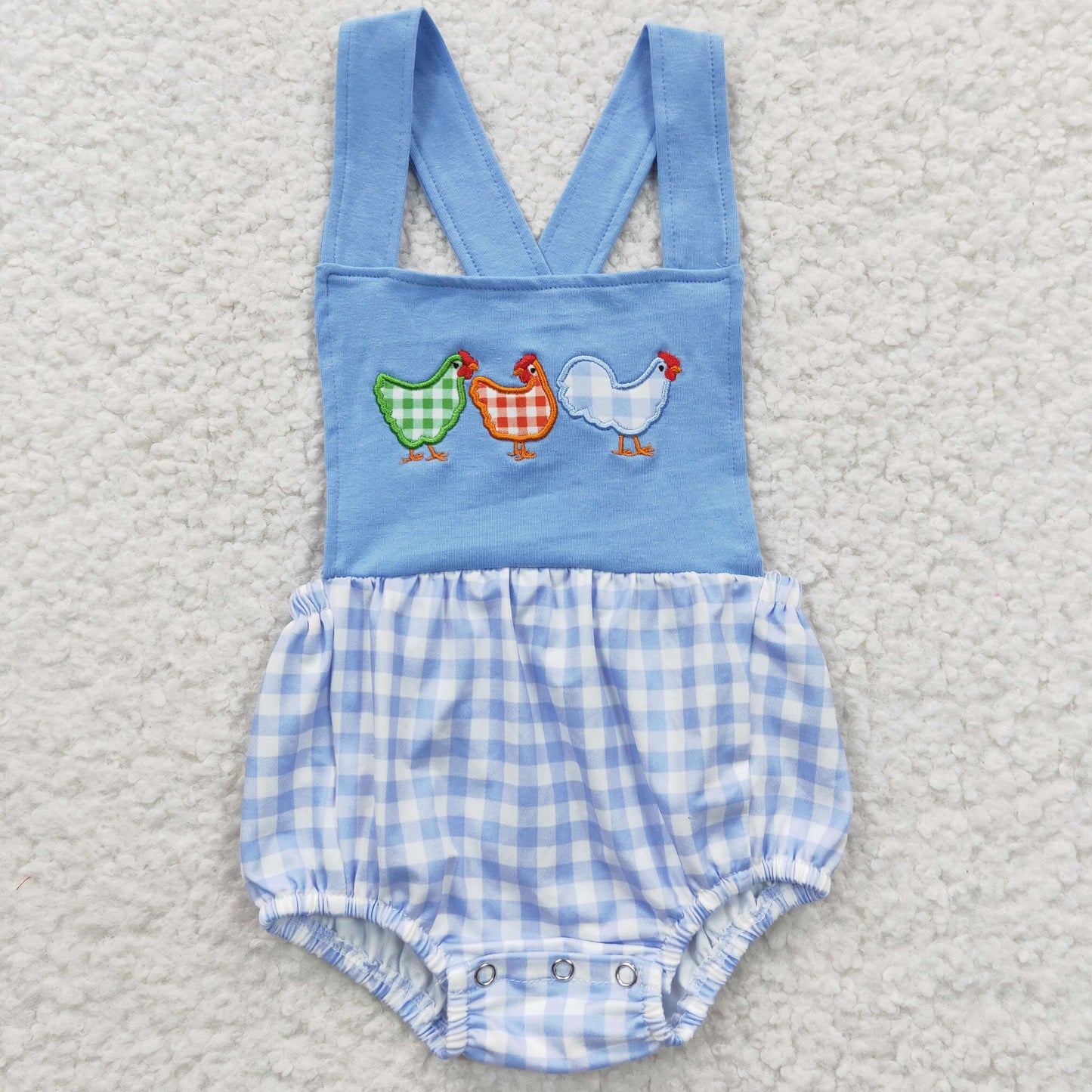 RTS NO MOQ（In Stock) Boys Embroidered Rooster Blue Plaid Tank Top Onesie
