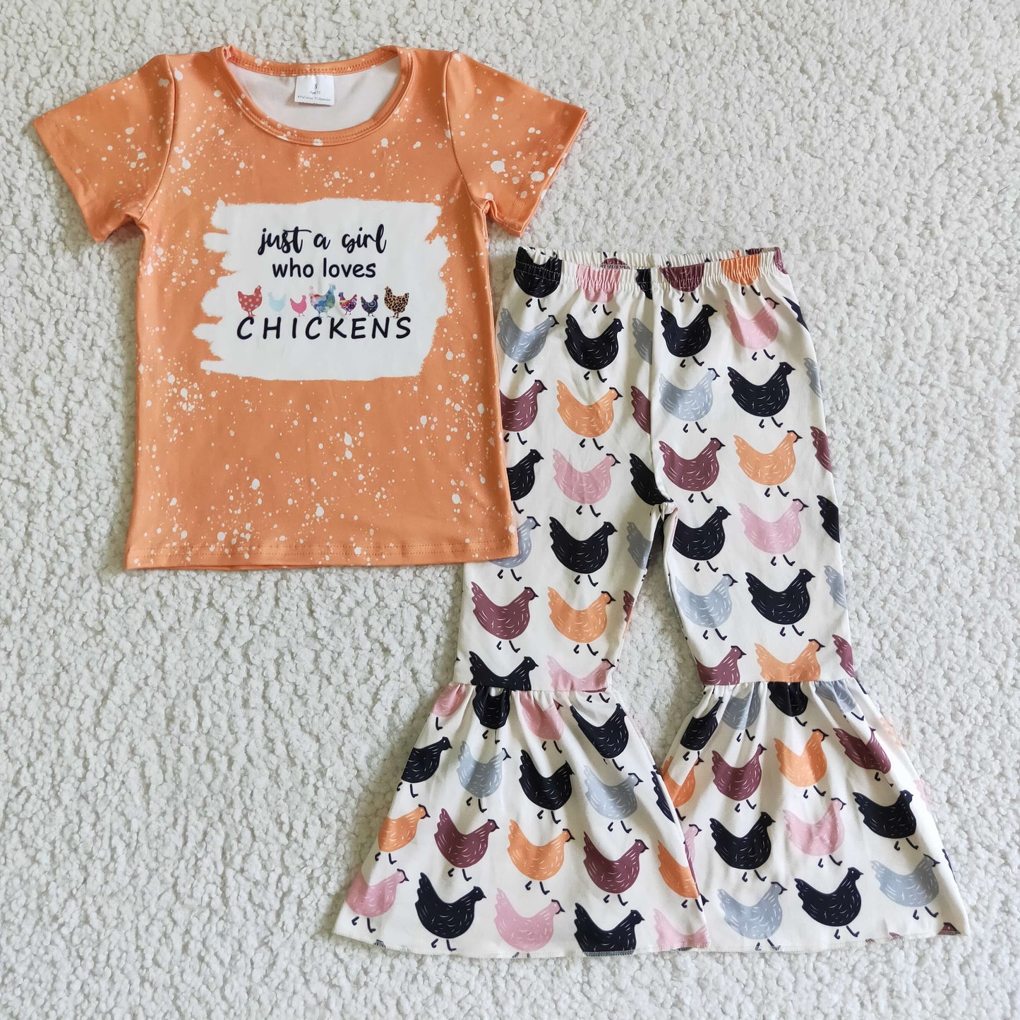 A2-9 Kids Clothing Girls Short Sleeve Top And Long Pants Chicken Print