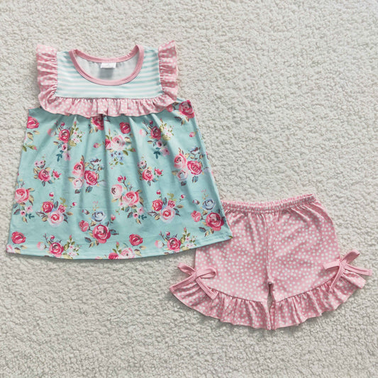 rts no moq GSSO0215 Girls Floral Green Stripe Sleeveless Pink Shorts Set