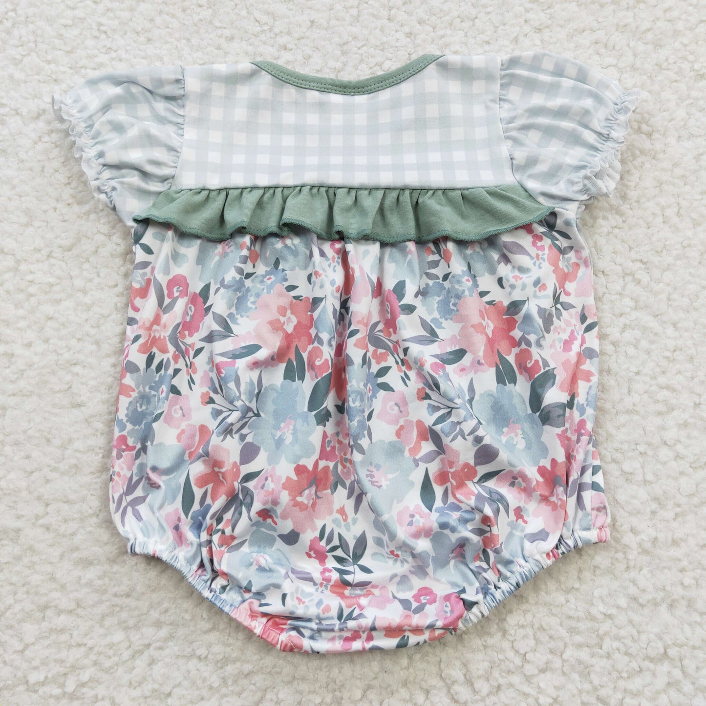 SR0345 Pink flower blue plaid short-sleeved jumpsuit