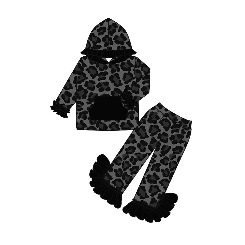 girls outfit long sleeve and long pants black print with a hat